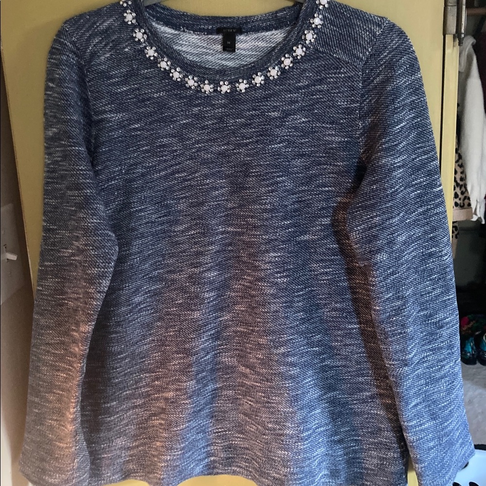 J Crew, medium, navy and white thin shirt/sweatshirt with rhinestone detail
